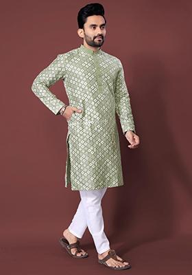 Light Pista Green Embroidered Silk Kurta Set For Men