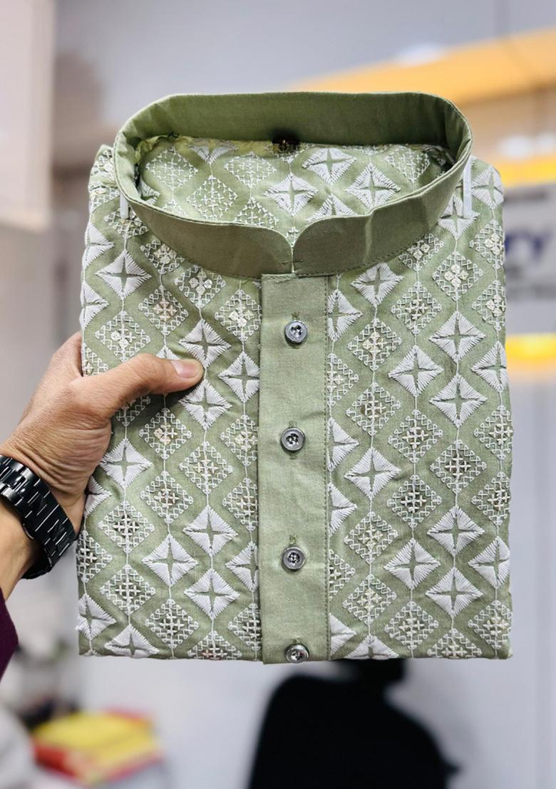 Light Pista Green Embroidered Silk Kurta Set For Men