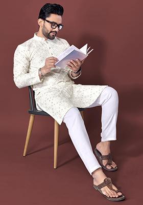 Off White Embroidered Silk Kurta Set For Men
