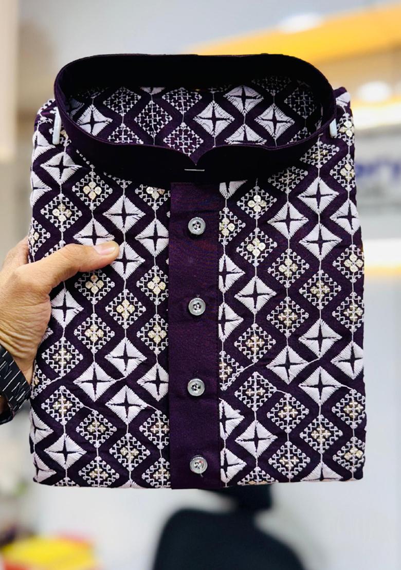 Wine Embroidered Silk Kurta Set For Men