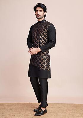 Black Thread Sequin Embroidered Silk Kurta For Men