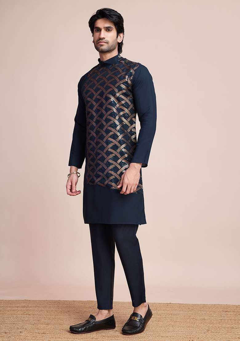 Navy Blue Thread Sequin Embroidered Silk Kurta For Men - Indya