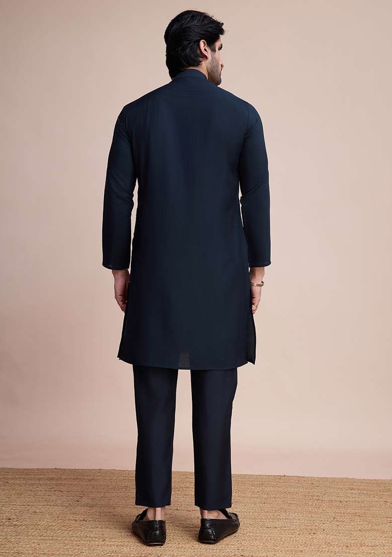 Navy Blue Thread Sequin Embroidered Silk Kurta For Men - Indya