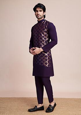 Purple Thread Sequin Embroidered Silk Kurta For Men