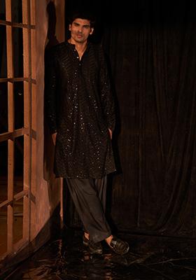 Black Embroidered Cotton Kurta Pyjama Set For Men