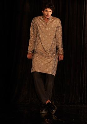 Light Brown Woven Viscose Kurta Pyjama Set For Men