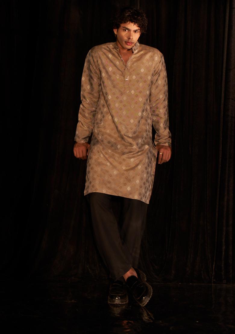 Light Brown Woven Viscose Kurta Pyjama Set For Men