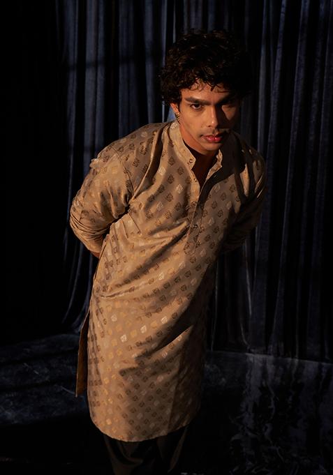 Light Brown Woven Viscose Kurta Pyjama Set For Men