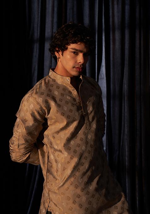 Light Brown Woven Viscose Kurta Pyjama Set For Men