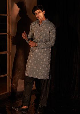 Grey And Blue Woven Viscose Kurta Pyjama Set For Men