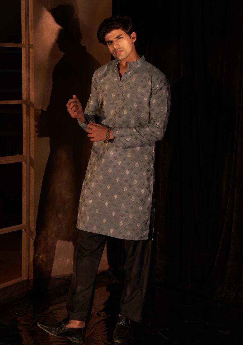 Grey And Blue Woven Viscose Kurta Pyjama Set For Men