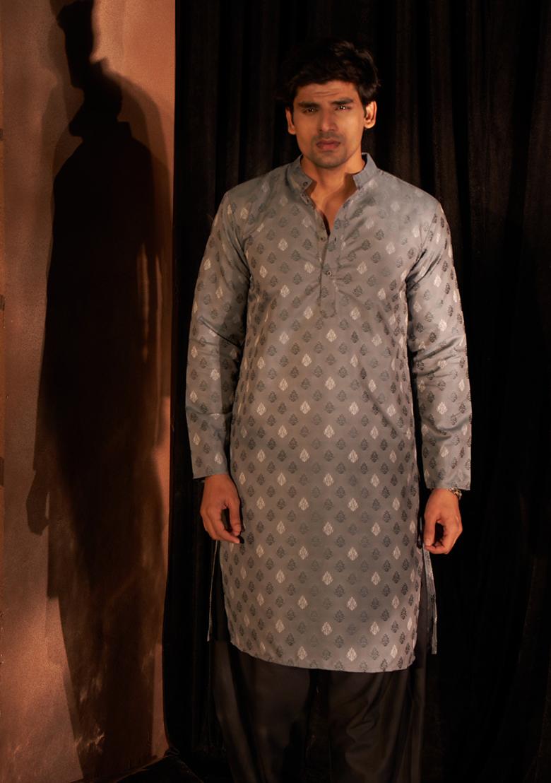 Grey And Blue Woven Viscose Kurta Pyjama Set For Men