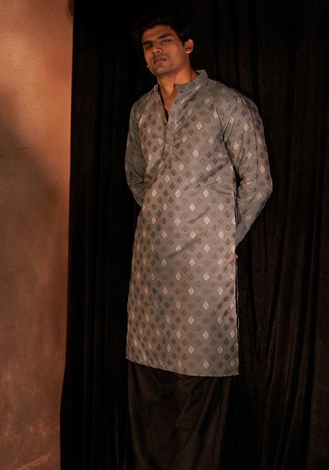 Grey And Blue Woven Viscose Kurta Pyjama Set For Men
