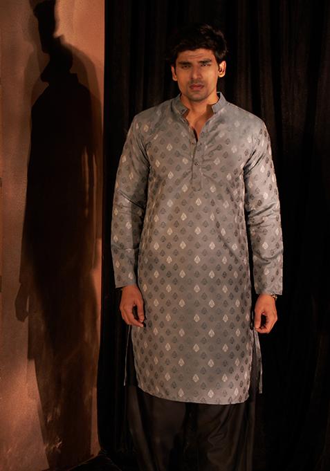 Grey And Blue Woven Viscose Kurta Pyjama Set For Men