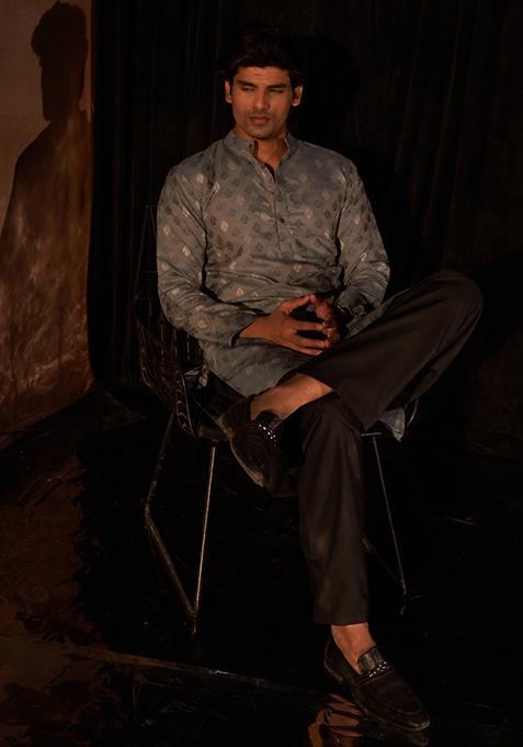 Grey And Blue Woven Viscose Kurta Pyjama Set For Men