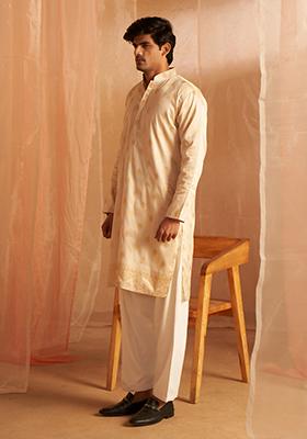 Off White Woven Viscose Kurta Pyjama Set For Men