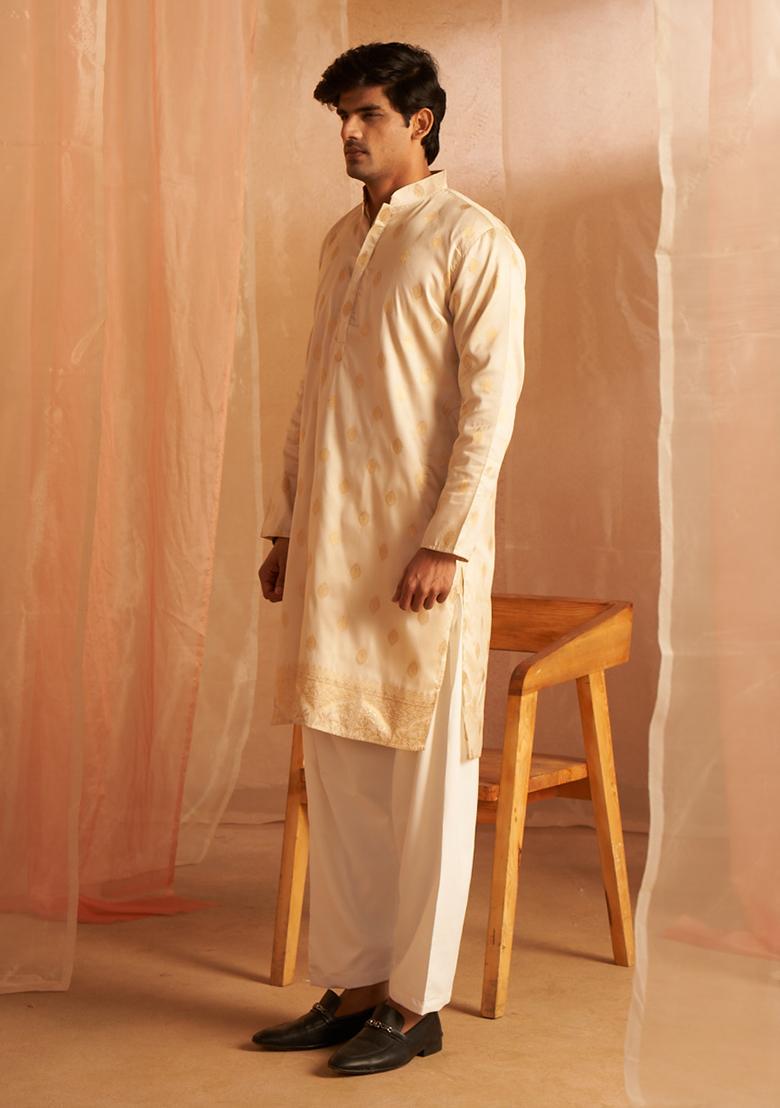 Off White Woven Viscose Kurta Pyjama Set For Men