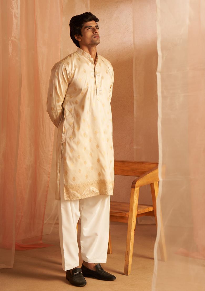 Off White Woven Viscose Kurta Pyjama Set For Men