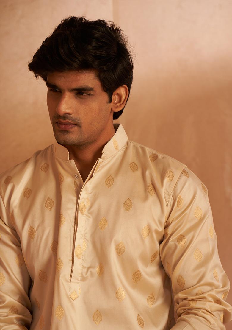 Off White Woven Viscose Kurta Pyjama Set For Men