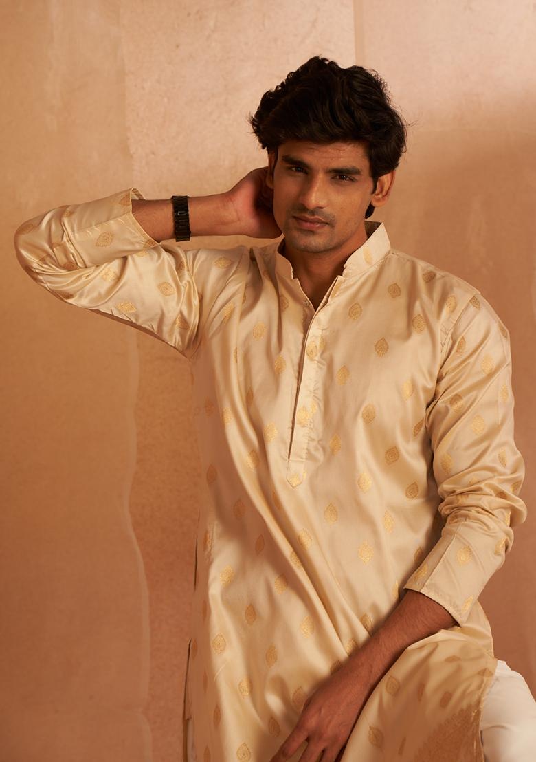 Off White Woven Viscose Kurta Pyjama Set For Men
