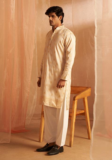 Off White Woven Viscose Kurta Pyjama Set For Men
