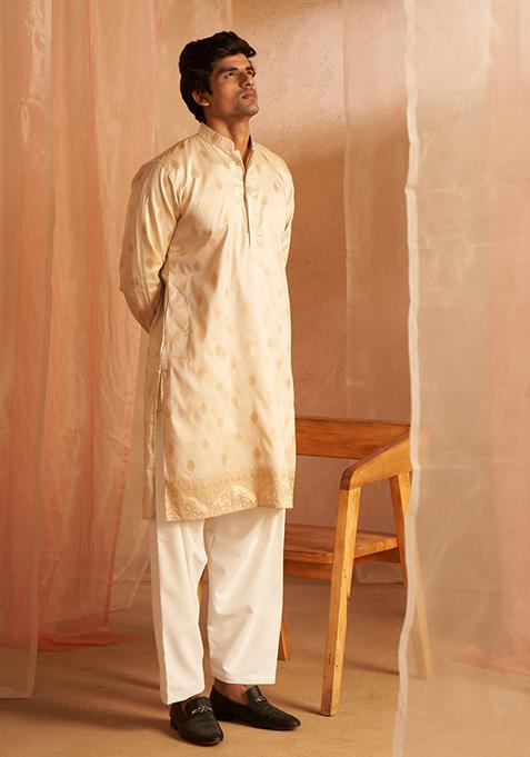 Off White Woven Viscose Kurta Pyjama Set For Men