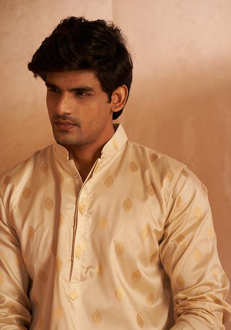 Off White Woven Viscose Kurta Pyjama Set For Men