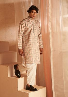 Cream Woven Viscose Kurta Pyjama Set For Men