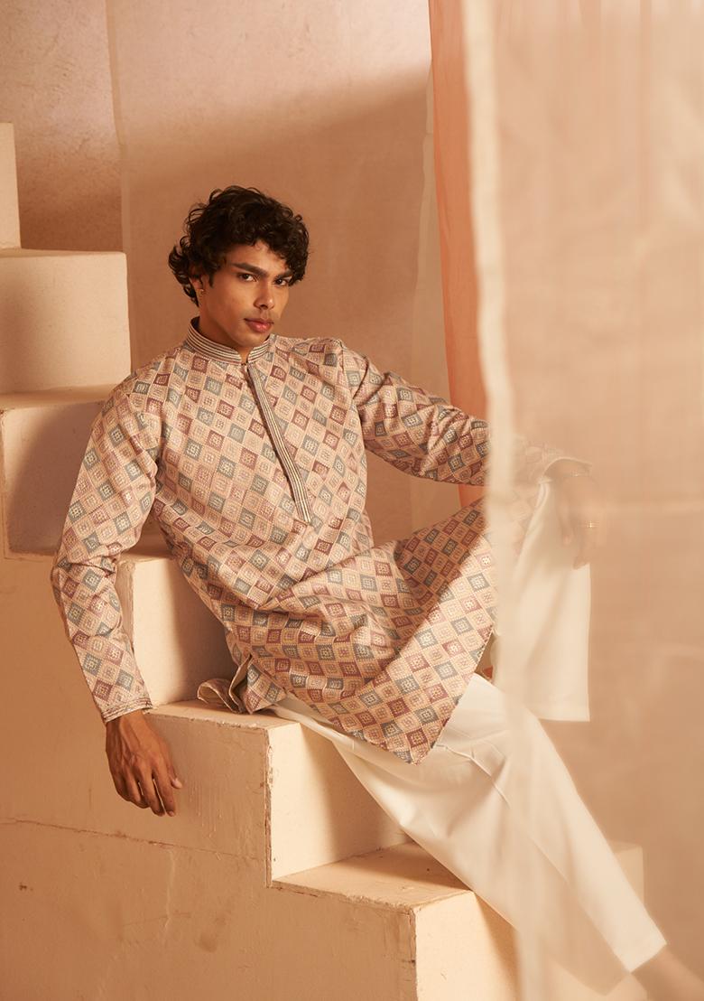 Cream Woven Viscose Kurta Pyjama Set For Men