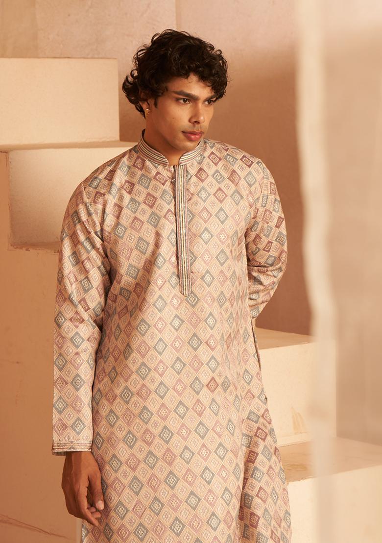 Cream Woven Viscose Kurta Pyjama Set For Men