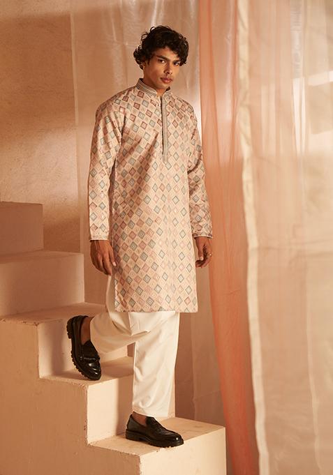 Cream Woven Viscose Kurta Pyjama Set For Men