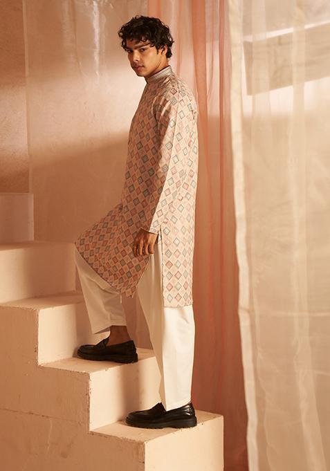 Cream Woven Viscose Kurta Pyjama Set For Men