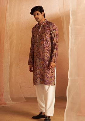 Purple Printed Modal Silk Kurta Pyjama Set For Men