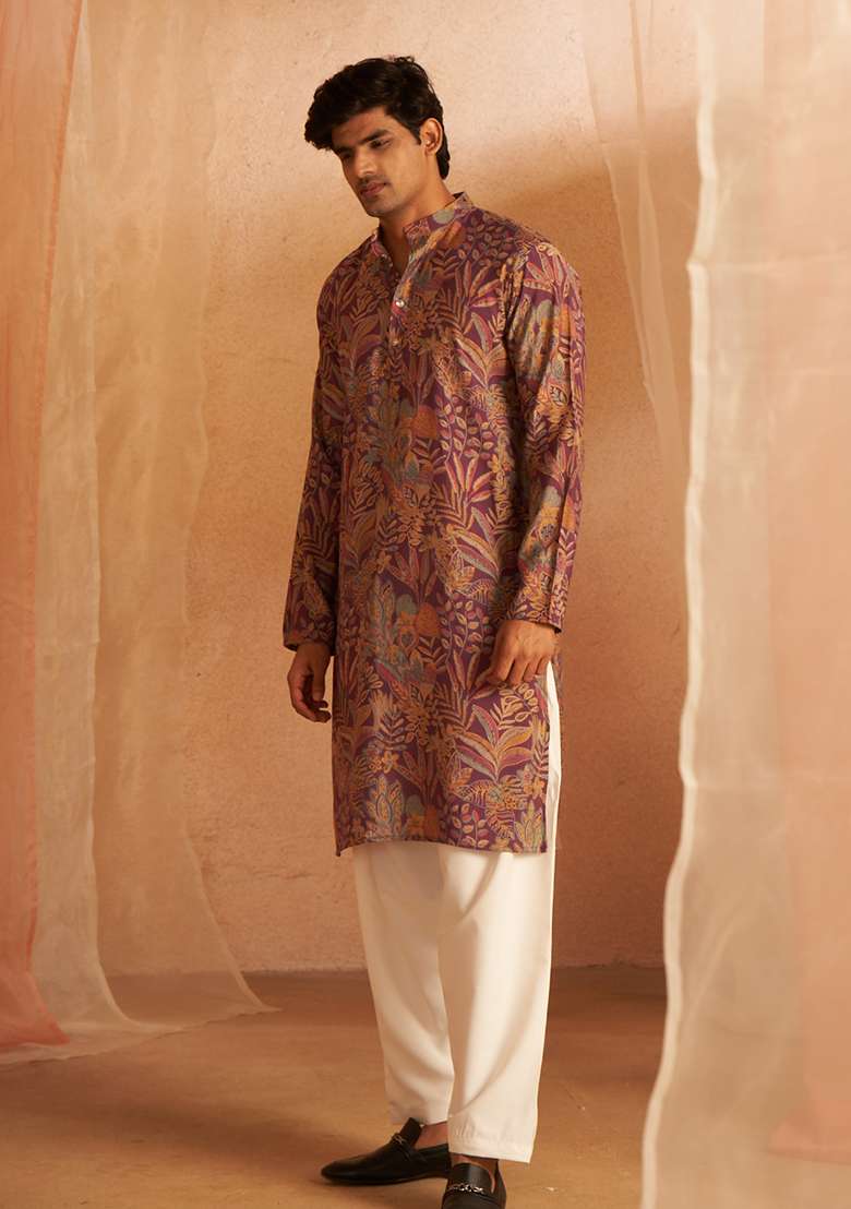 Purple Printed Modal Silk Kurta Pyjama Set For Men - Indya