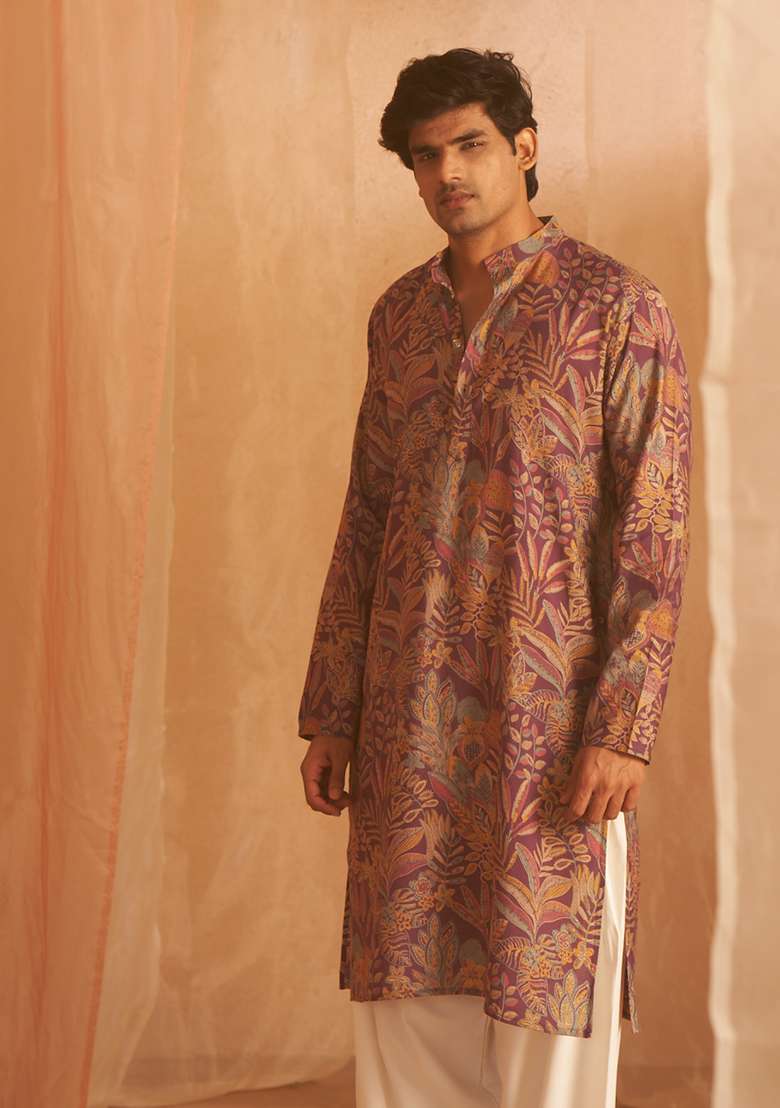 Purple Printed Modal Silk Kurta Pyjama Set For Men - Indya