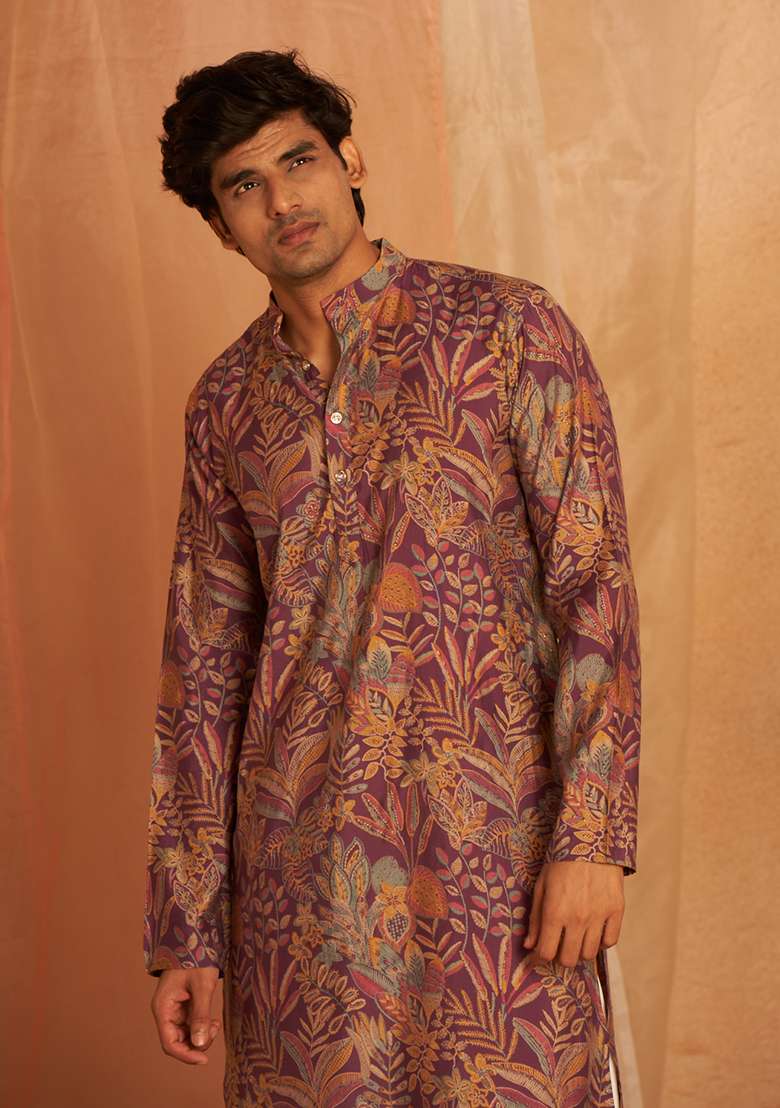 Purple Printed Modal Silk Kurta Pyjama Set For Men - Indya