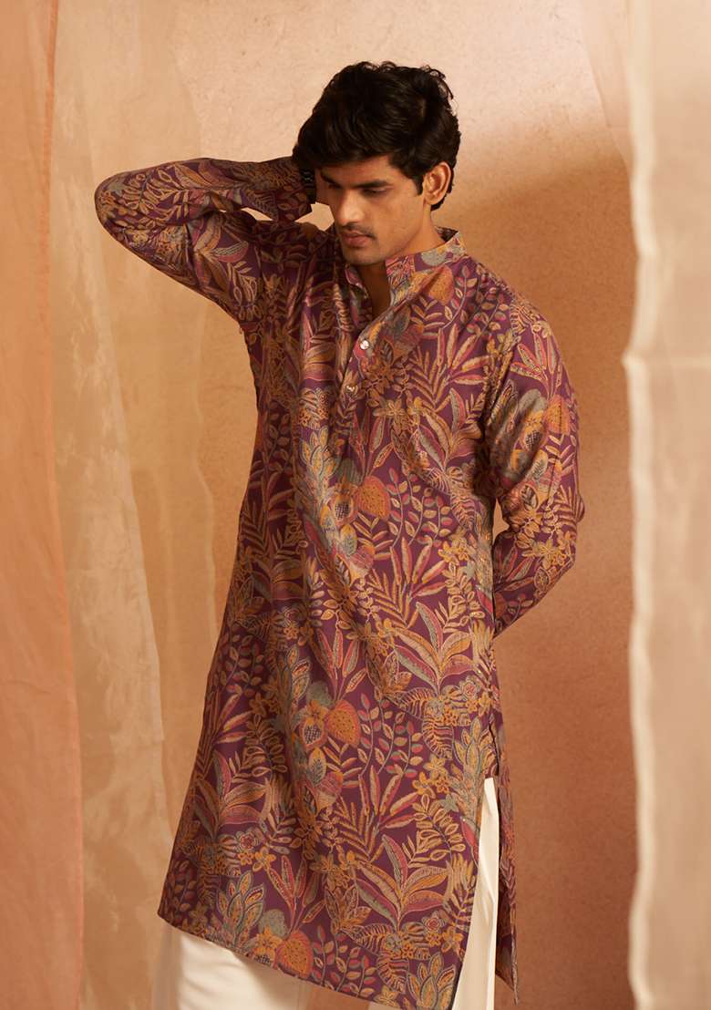 Purple Printed Modal Silk Kurta Pyjama Set For Men - Indya
