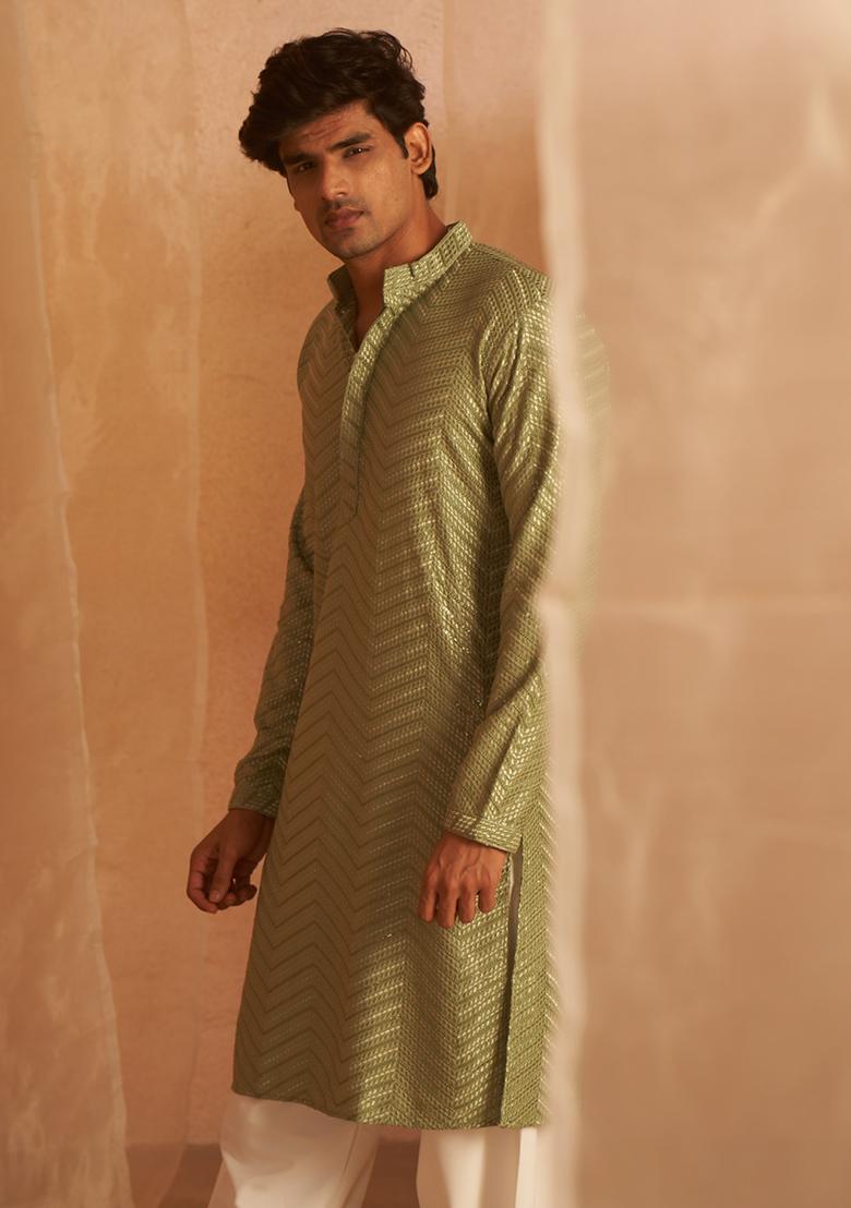 Pastel Green Embroidered Viscose Kurta Pyjama Set For Men