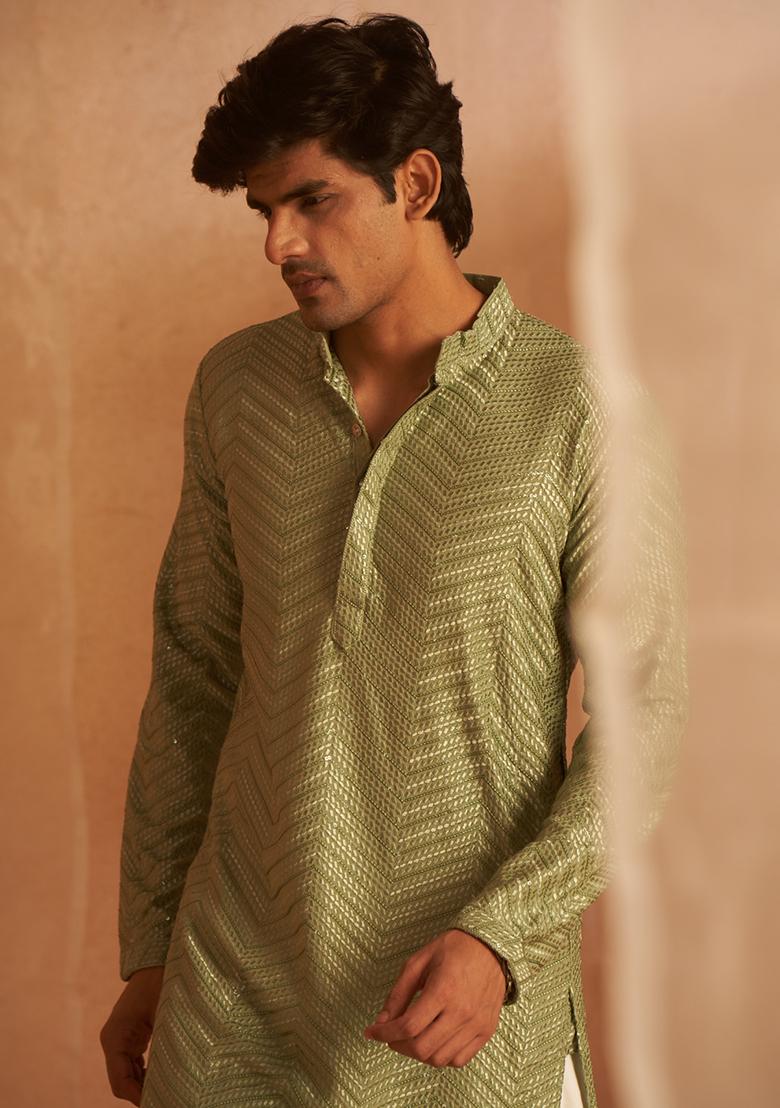Pastel Green Embroidered Viscose Kurta Pyjama Set For Men