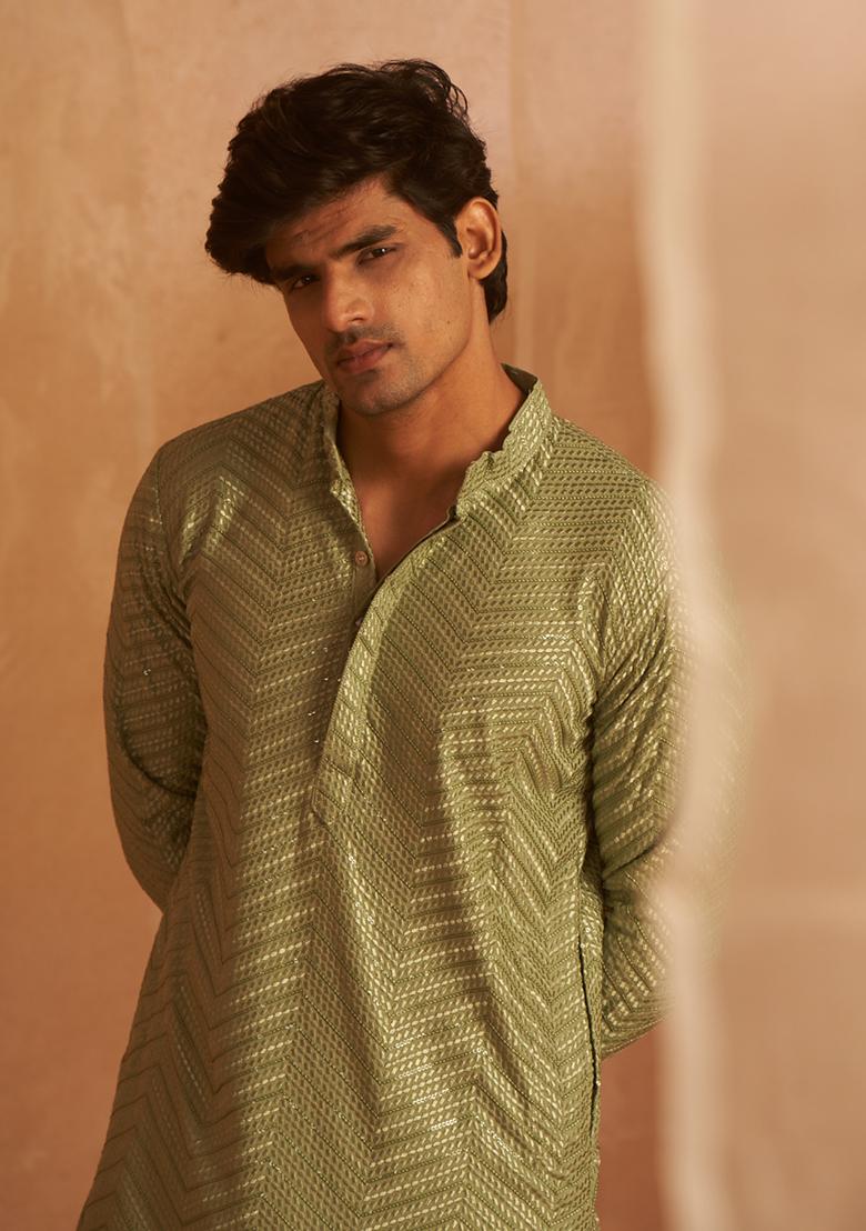 Pastel Green Embroidered Viscose Kurta Pyjama Set For Men