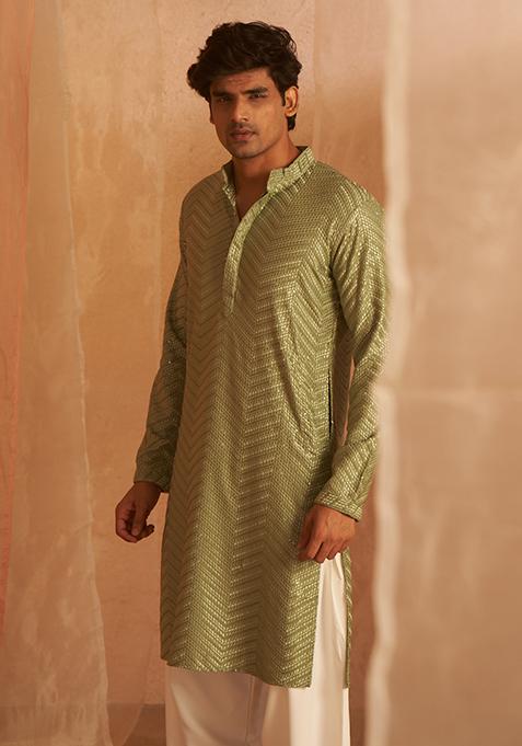 Pastel Green Embroidered Viscose Kurta Pyjama Set For Men