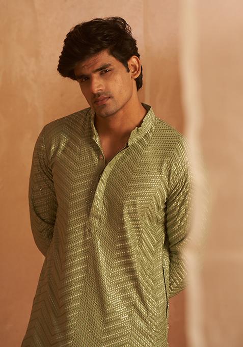 Pastel Green Embroidered Viscose Kurta Pyjama Set For Men
