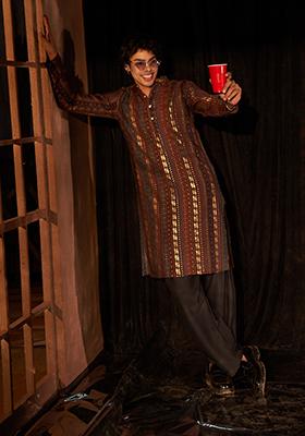 Brown Printed Modal Silk Kurta Pyjama Set For Men