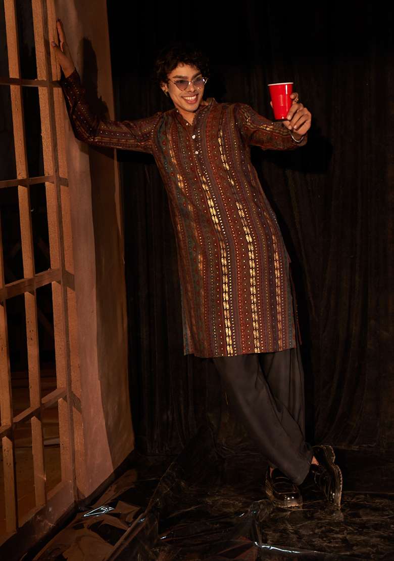 Brown Printed Modal Silk Kurta Pyjama Set For Men - Indya