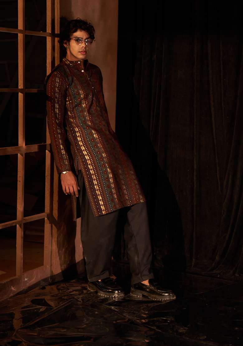 Brown Printed Modal Silk Kurta Pyjama Set For Men - Indya