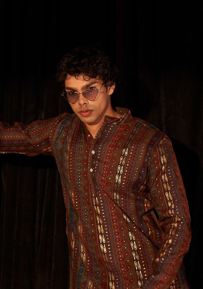Brown Printed Modal Silk Kurta Pyjama Set For Men - Indya