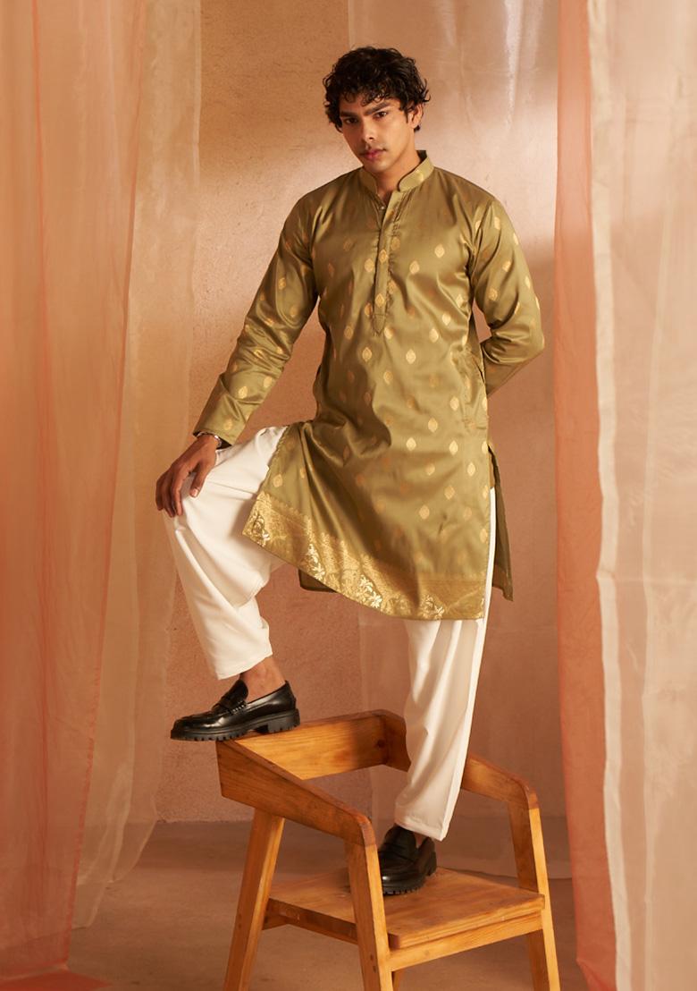 Green Woven Viscose Kurta Pyjama Set For Men