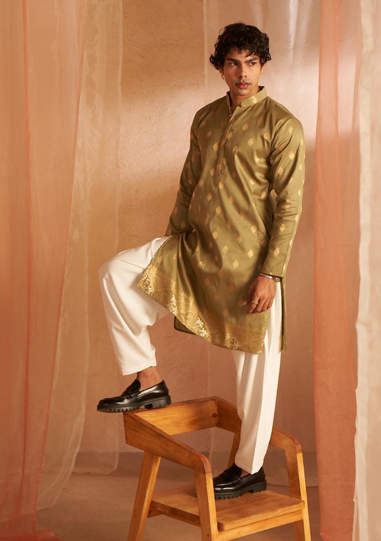 Green Woven Viscose Kurta Pyjama Set For Men
