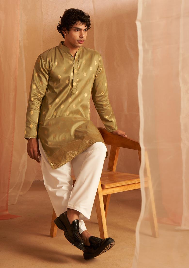 Green Woven Viscose Kurta Pyjama Set For Men