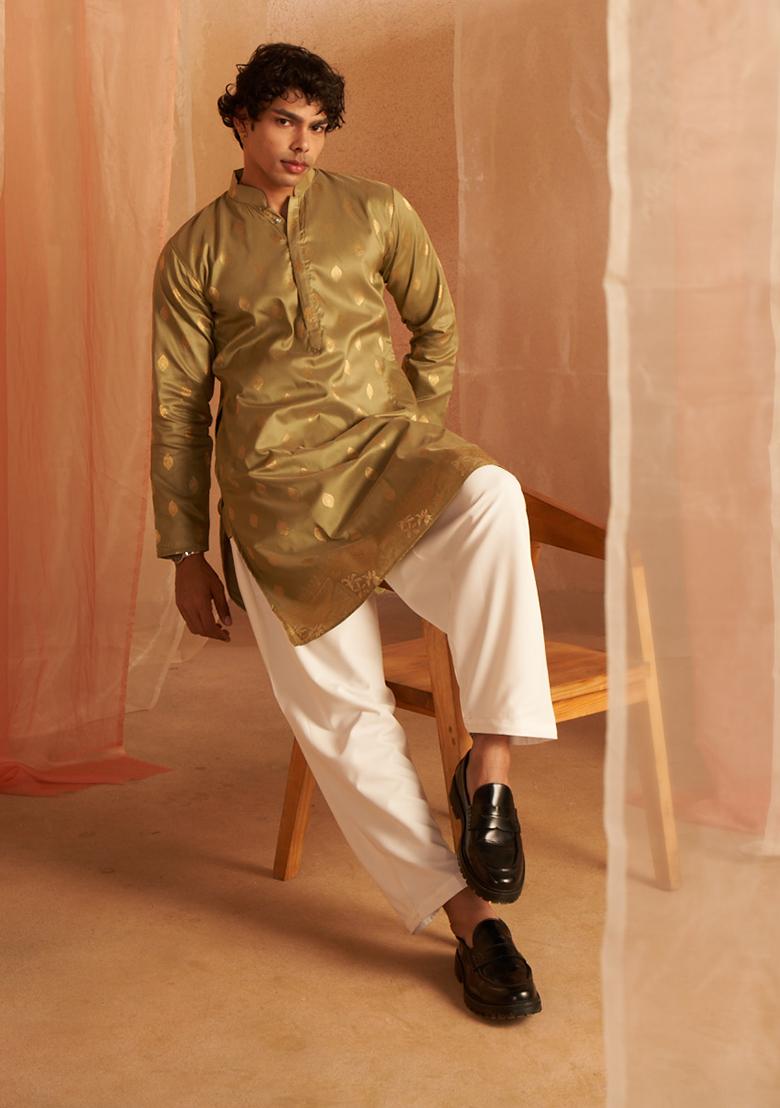 Green Woven Viscose Kurta Pyjama Set For Men